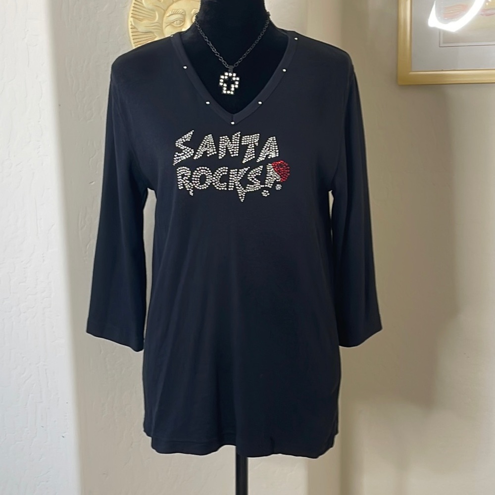 Get Lucky USA Black Santa Rocks Bling Christmas Top Size Medium